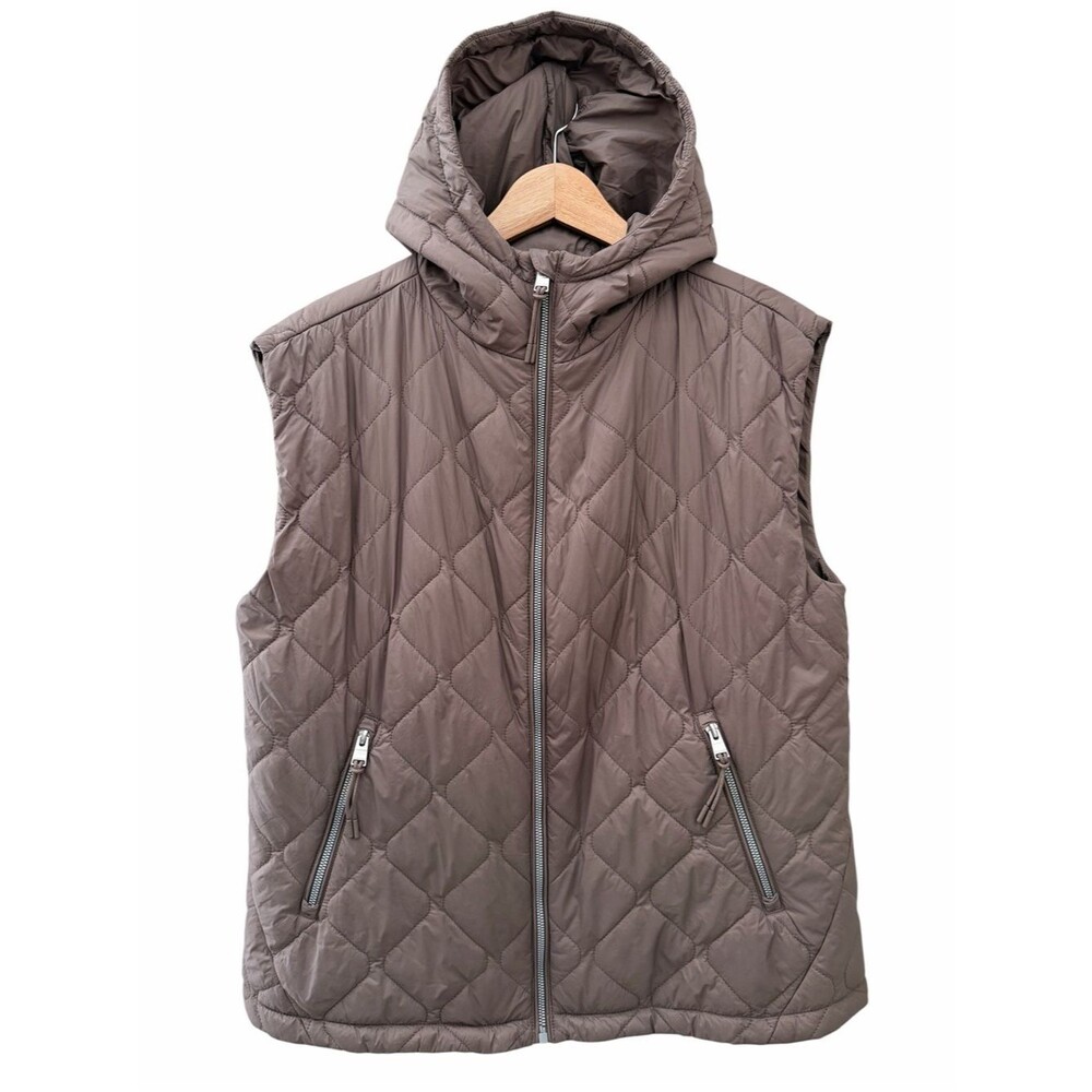 Calvin Klein Women Quilted Hooded Puffer Vest Performance Oversized Brown Sz M